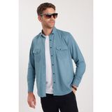 Erkek Regular Fit Rahat Kesim Çift Cepli Spor Yaka Denim Petrol Gömlek