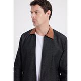Erkek Regular Fit Rahat Kesim Kadife Yaka Fermuarlı Denim Siyah Ceket Gömlek