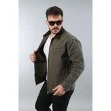 Erkek Regular Fit Yaka Garni Fermuarlı Haki Kot Ceket - XL
