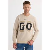 Erkek Relax Fit Rahat Kesim Pamuklu Lastikli Kol Bisiklet Yaka Baskılı Bej Sweatshirt