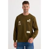 Erkek Relax Fit Rahat Kesim Pamuklu Lastikli Kol Bisiklet Yaka Baskılı Haki Sweatshirt