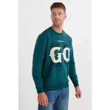Erkek Relax Fit Rahat Kesim Pamuklu Lastikli Kol Bisiklet Yaka Baskılı Yeşil Sweatshirt