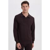 Erkek Relax Fit Rahat Kesim Polo V Yaka Kahverengi Sweatshirt