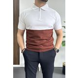 Erkek Renk Bloklu Polo Yaka Yarım Fermuarlı Tişört Kiremit Edw234