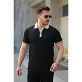 Erkek Renkli Yaka Kısa Kollu Tişört - Siyah - 2XL