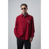 Erkek Res Nakışlı Uzun Kollu Keten Oversize Gömlek Bordo