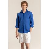 Erkek Saks Mavi %100 Keten Modern Fit Cepsiz Gömlek - 2XL