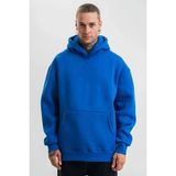 Erkek Saks Mavi Double Oversize 3 Iplik Pamuklu Kapüşonlu Kanguru Cepli Sweatshirt Hoodie - Saks Mavi - Saks Mavisi - XL