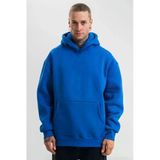 Erkek Saks Mavi Double Oversize 3 İplik Pamuklu Kapüşonlu Kanguru Cepli Sweatshirt Hoodie - Saks Mavi