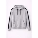 Erkek Salaş Stil Gri Şeritli Oversize 3 İplik Pamuklu Kapüşonlu Sweatshirt