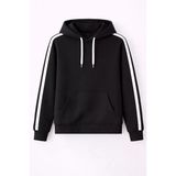 Erkek Salaş Stil Siyah Şeritli Oversize 3 İplik Pamuklu Kapüşonlu Sweatshirt