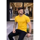 Erkek Sarı Bisiklet Yaka Slim Fit Dar Kesim Likralı Günlük Basic Body Tişört