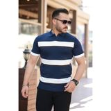 Erkek Şerit Desenli Hemşire Yaka Kısa Kollu Tişört - Lacivert - XL