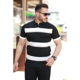 Erkek Şerit Desenli Hemşire Yaka Kısa Kollu Tişört - Siyah - 2XL