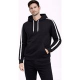 Erkek Şeritli Kapüşonlu Sweatshirt Oversize 3 Iplik Pamuklu Hoodei - Siyah