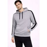 Erkek Şeritli Kapüşonlu Sweatshirt Oversize 3 Iplik Pamuklu Hoodie - Gri