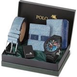 Erkek Set Kombin Kemer Cüzdan Kartlık Çakmak Kol Saati Hediyelik Kutusunda Lacivert Set PL-0972E2 - Lacivert - Mavi