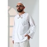 Erkek Sıfır Yaka Bağcıklı Uzun Kollu Keten Gömlek Beyaz - 3XL