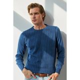 Erkek Sıfır Yaka Kazak Desenli Çelik Örgü Klasik Kalıp - 5202C - Mavi - 2XL