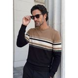 Erkek Sıfır Yaka Kazak Triko Renkli Şerit Desenli Klasik Kalıp - 5246C - Camel - 2XL