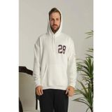 Erkek Sırt Baskılı Oversize Üç İplik Kapüşonlu Sweatshirt - Beyaz