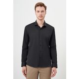Erkek Siyah Basic Düz Desen İtalyan Yaka Slim Fit Gömlek