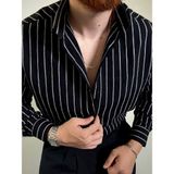 Erkek Siyah Beyaz Dikey Çizgili Yarım Oversize Gömlek Modern Tarz, Nefes Alan Ince Kumaş Şık