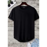 Erkek Siyah Bisiklet Yaka Oval Etek Salaş %100 Pamuk Basic T-Shirt