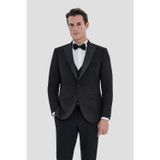 Erkek Siyah Dar Kesim Slim Fit Viskon Şal Yaka Fleto Kapaklı Cep Çift Yırtmaçlı 6 Drop Smokin Takım Elbise