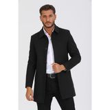 Erkek Siyah Dar Kesim Yün Karışımlı Kaşe Gömlek Yaka Palto Kaban - 2XL