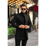 Erkek Siyah Dik Yaka Uzun Kaşe Kaban - 4XL