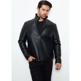 Erkek Siyah Hakiki Deri Mont - Içi Kürklü, Su Geçirmez, Fermuarlı, Fit Kesim, 75 cm - XL