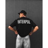 Erkek Siyah Interpol Baskılı Oversize Pamuklu Bisiklet Yaka T-Shirt - XL