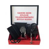 Erkek Siyah Kemer Cuzdan Kartvizit Tespih Bileklik Saat Hediye Seti