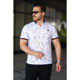 Erkek Siyah Mavi Yaprak Desenli Slim Fit Polo Yaka Tişört - 2529 - Beyaz - Mavi - 2XL