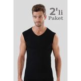 Erkek Siyah Pamuklu Tişört Sıfır Kol V Yaka Kolsuz Atlet 2'li Paket - 2XL