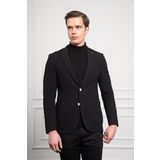 Erkek Siyah Poliviskon Dokuma Desenli Slim Fit Dar Kesim Mono Yaka Ceket