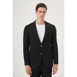 Erkek Siyah Poliviskon Trend Çizgili Slim Fit Mono Yaka Takım Elbise - 6 Drop - 48