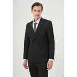 Erkek Siyah Poliviskon Trend Düz Slim Fit Sivri Yaka Kruvaze Takım Elbise - 6 Drop - 44