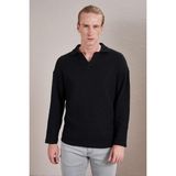 Erkek Siyah Polo Yaka Uzun Kollu Jakar Sweatshirt