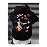 Erkek Siyah Sırt Uzay Baskılı Oversize Kapşonlu Sweatshirt