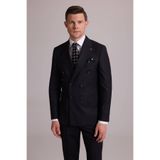 Erkek Siyah Slim Fit Çizgili Kruvaze Yün Takım Elbise