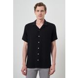 Erkek Siyah Trend Keten Regular Fit Apaş Yaka Kısa Kol Gömlek