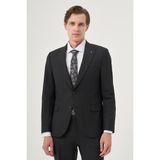Erkek Siyah Yünlü Platinium Classic Çizgili Slim Fit Sivri Yaka Takım Elbise - 6 Drop - 46