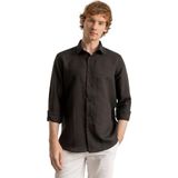 Erkek Siyah%100 Keten Modern Fit Cepsiz Gömlek (3XL)