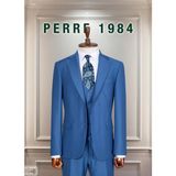 Erkek Slim Fit 3'lü Takım Elbise – Ceket, Yelek ve Pantolon – Likralı Viskon Kumaş - 00404-Mavi - 6 Drop - 58