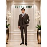 Erkek Slim Fit 3'lü Takım Elbise – Ceket, Yelek ve Pantolon – Likralı Viskon Kumaş - Acı Kahve - 6 Drop - 56