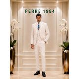 Erkek Slim Fit 3'lü Takım Elbise – Ceket, Yelek ve Pantolon – Likralı Viskon Kumaş - Açık Bej - 6 Drop - 52
