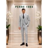 Erkek Slim Fit 3'lü Takım Elbise – Ceket, Yelek ve Pantolon – Likralı Viskon Kumaş - Açık Gri - 6 Drop - 56
