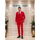 Erkek Slim Fit 3'lü Takım Elbise – Ceket, Yelek ve Pantolon – Likralı Viskon Kumaş - Kırmızı - 6 Drop - 56